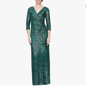 Alex Evening 3/4 Sleeve Dark Green Long Dress Cinched Tie Waist Size 8